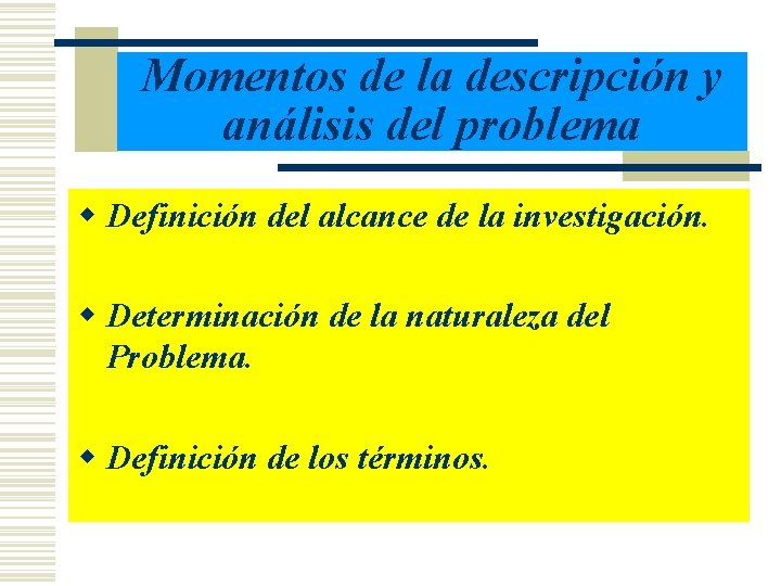 Momentos de la descripción y análisis del problema w Definición del alcance de la