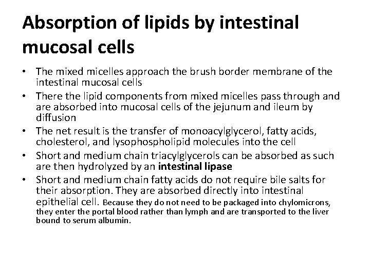 Absorption of lipids by intestinal mucosal cells • The mixed micelles approach the brush