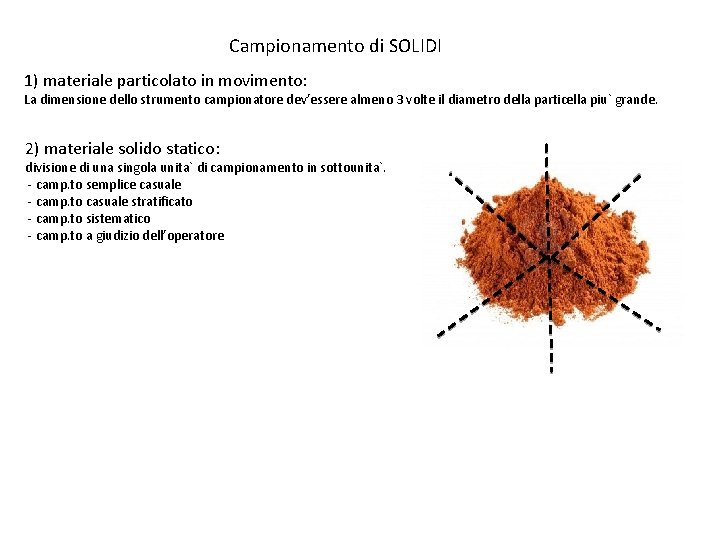 Campionamento di SOLIDI 1) materiale particolato in movimento: La dimensione dello strumento campionatore dev’essere Campionamento di SOLIDI 1) materiale particolato in movimento: La dimensione dello strumento campionatore dev’essere