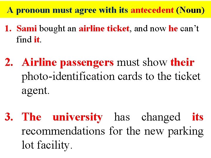 A pronoun must agree with its antecedent (Noun) 1. Sami bought an airline ticket,