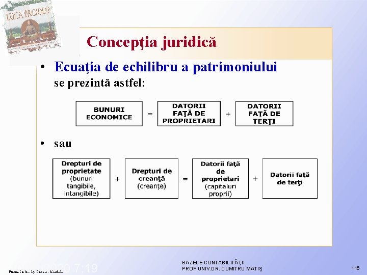 Concepţia juridică • Ecuaţia de echilibru a patrimoniului se prezintă astfel: • sau 10/29/2020 Concepţia juridică • Ecuaţia de echilibru a patrimoniului se prezintă astfel: • sau 10/29/2020