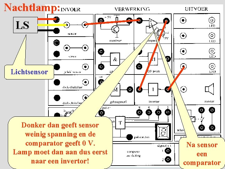 Nachtlamp: LS Lichtsensor Donker dan geeft sensor weinig spanning en de comparator geeft 0