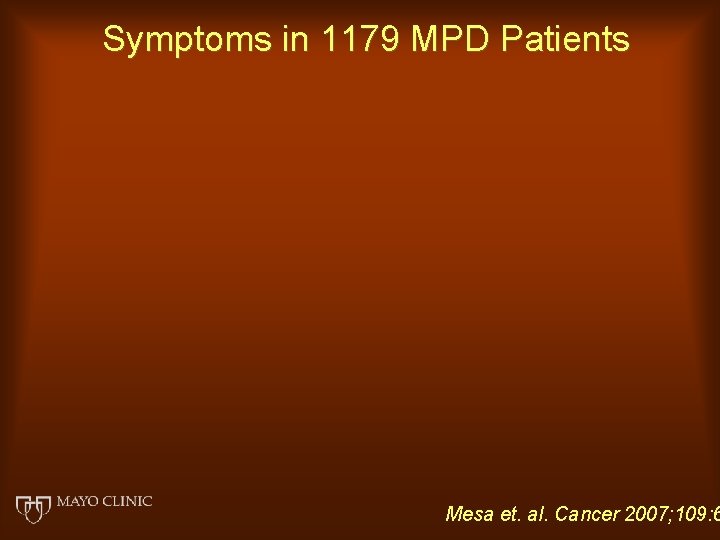 Symptoms in 1179 MPD Patients Mesa et. al. Cancer 2007; 109: 6 