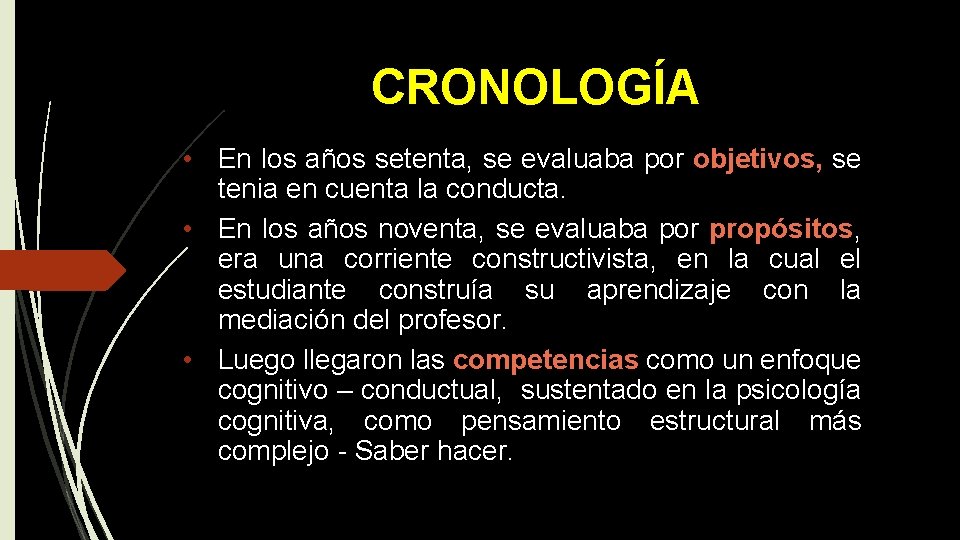 CRONOLOGÍA • En los años setenta, se evaluaba por objetivos, se tenia en cuenta