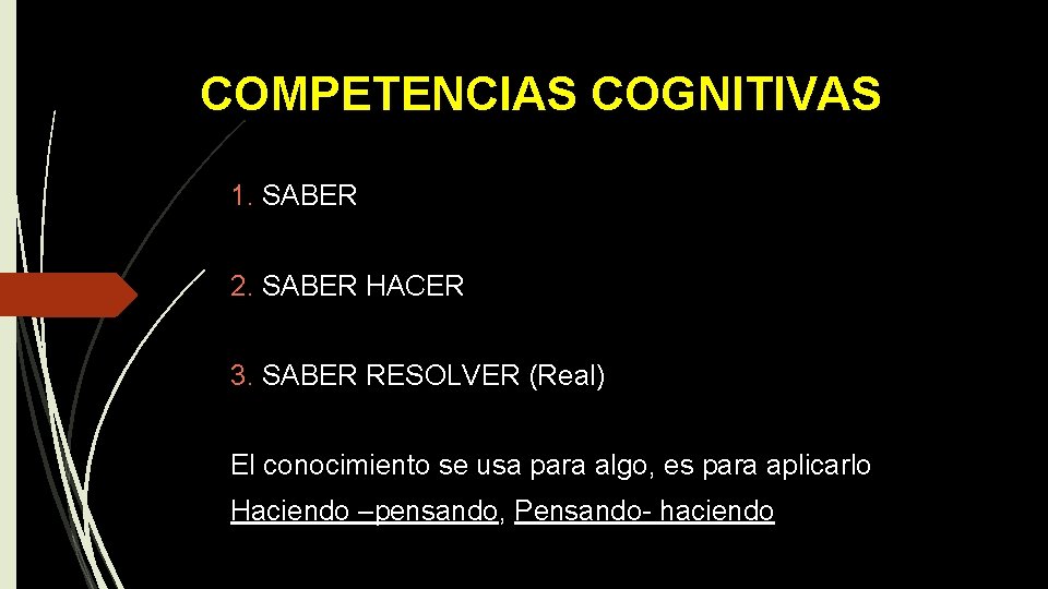 COMPETENCIAS COGNITIVAS 1. SABER 2. SABER HACER 3. SABER RESOLVER (Real) El conocimiento se