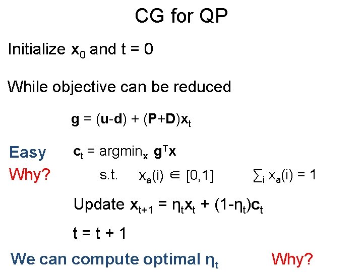 CG for QP Initialize x 0 and t = 0 While objective can be
