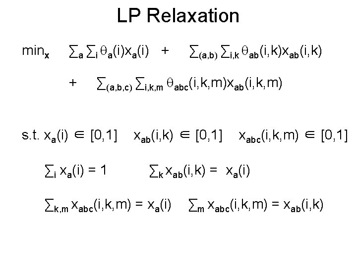 LP Relaxation minx ∑a ∑i a(i)xa(i) + + ∑(a, b) ∑i, k ab(i, k)xab(i,