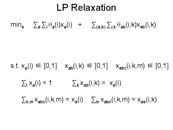 LP Relaxation minx ∑a ∑i a(i)xa(i) + s. t. xa(i) ∈ [0, 1] ∑i