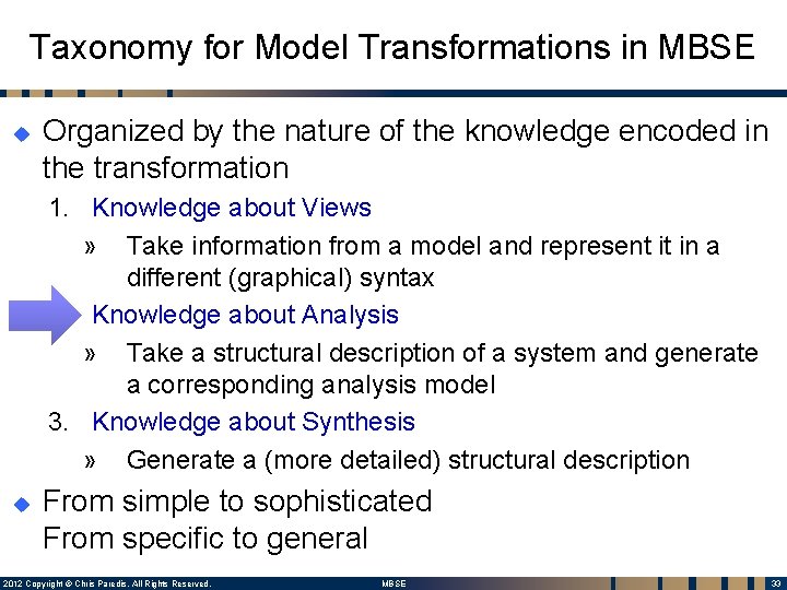 Taxonomy for Model Transformations in MBSE u Organized by the nature of the knowledge