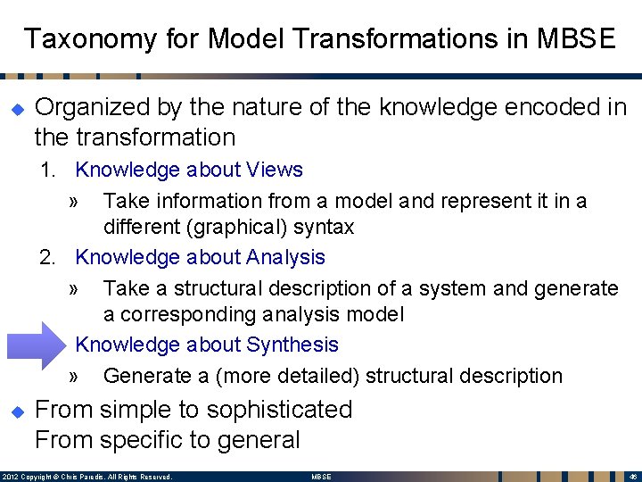 Taxonomy for Model Transformations in MBSE u Organized by the nature of the knowledge