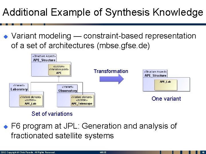 Additional Example of Synthesis Knowledge u Variant modeling — constraint-based representation of a set