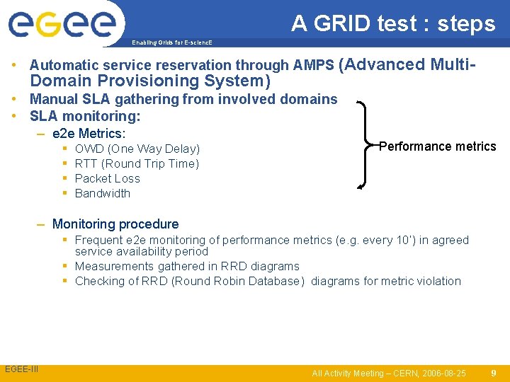 A GRID test : steps Enabling Grids for E-scienc. E • Automatic service reservation