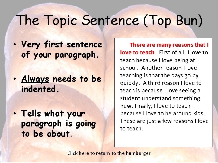 The Topic Sentence (Top Bun) • Very first sentence of your paragraph. • Always