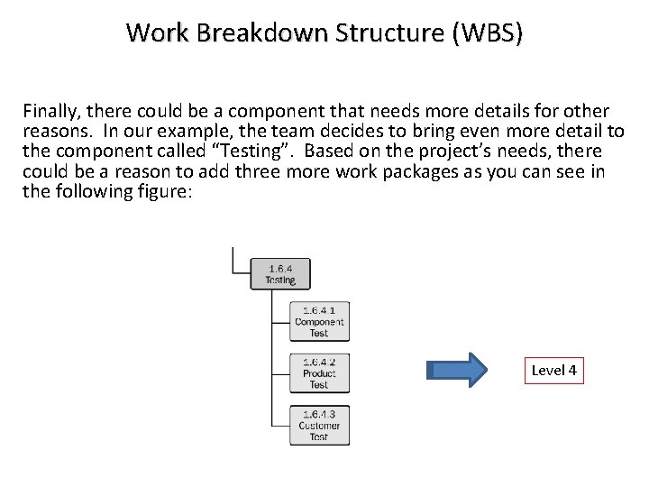 Work Breakdown Structure (WBS) Finally, there could be a component that needs more details
