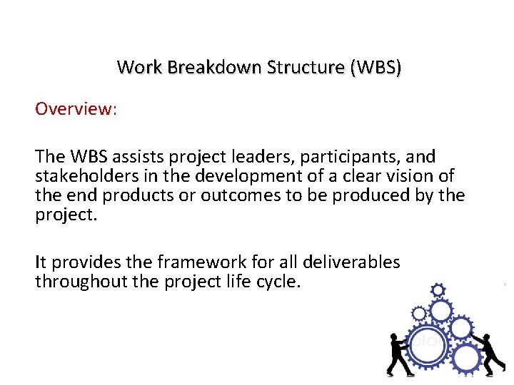 Work Breakdown Structure (WBS) Overview: The WBS assists project leaders, participants, and stakeholders in