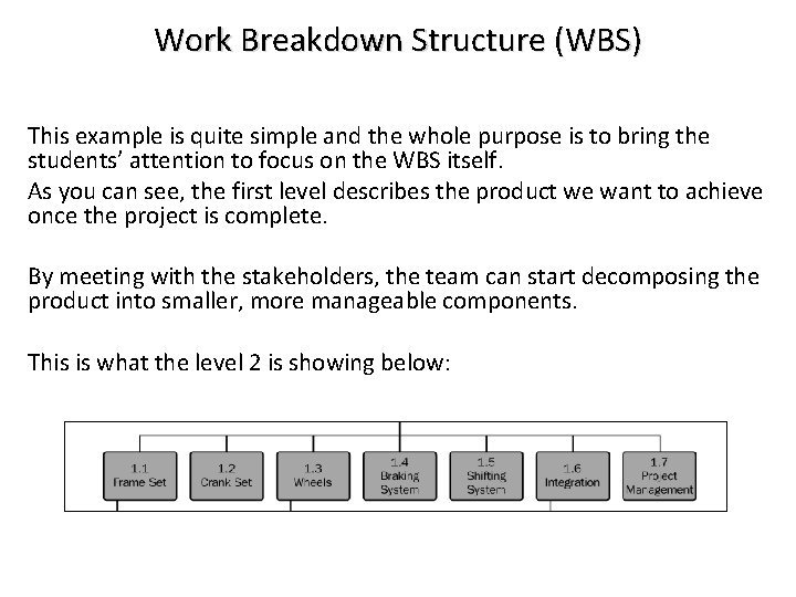 Work Breakdown Structure (WBS) This example is quite simple and the whole purpose is