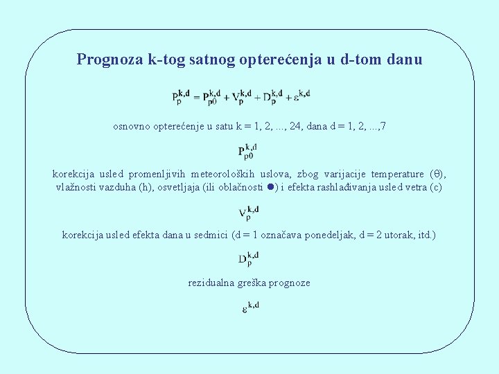 Prognoza k-tog satnog opterećenja u d-tom danu osnovno opterećenje u satu k = 1,