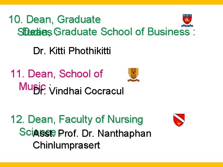 10. Dean, Graduate School of Business : Studies : Dr. Kitti Phothikitti 11. Dean,