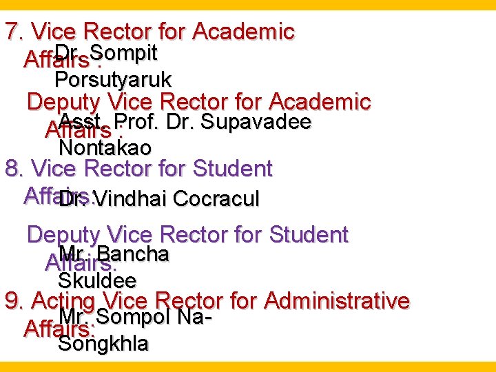 7. Vice Rector for Academic Dr. Sompit Affairs : Porsutyaruk Deputy Vice Rector for