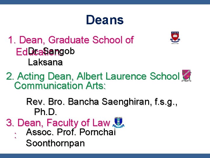 Deans 1. Dean, Graduate School of Dr. Sangob Education: Laksana 2. Acting Dean, Albert