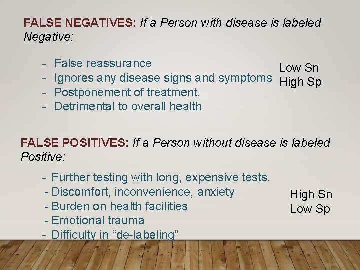 FALSE NEGATIVES: If a Person with disease is labeled Negative: - False reassurance Low