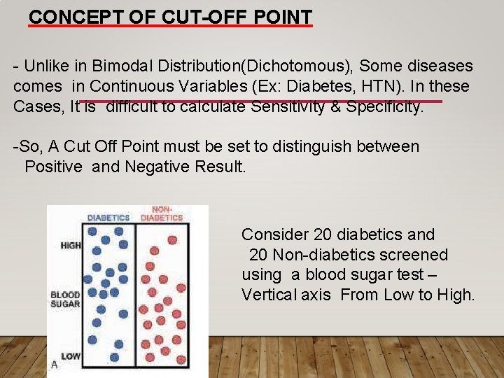 CONCEPT OF CUT-OFF POINT - Unlike in Bimodal Distribution(Dichotomous), Some diseases comes in Continuous