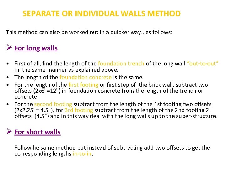 SEPARATE OR INDIVIDUAL WALLS METHOD This method can also be worked out in a