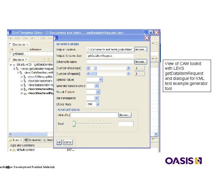 XML example generation wizard ecification Development Related Materials 45 View of CAM toolkit with