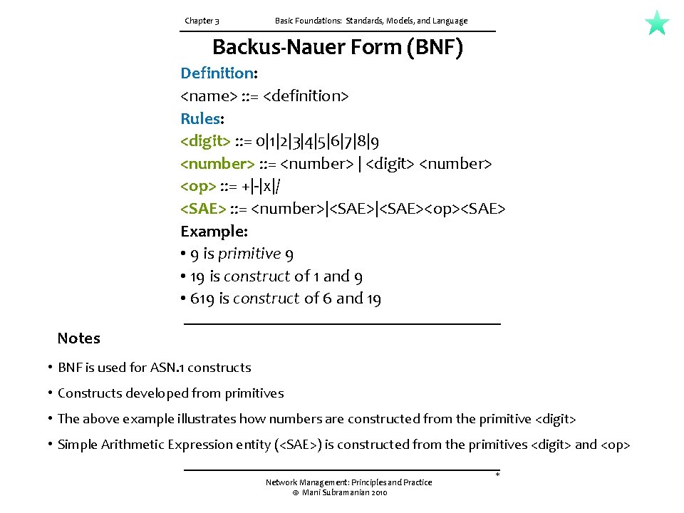 Chapter 3 Basic Foundations: Standards, Models, and Language Backus-Nauer Form (BNF) Definition: <name> :