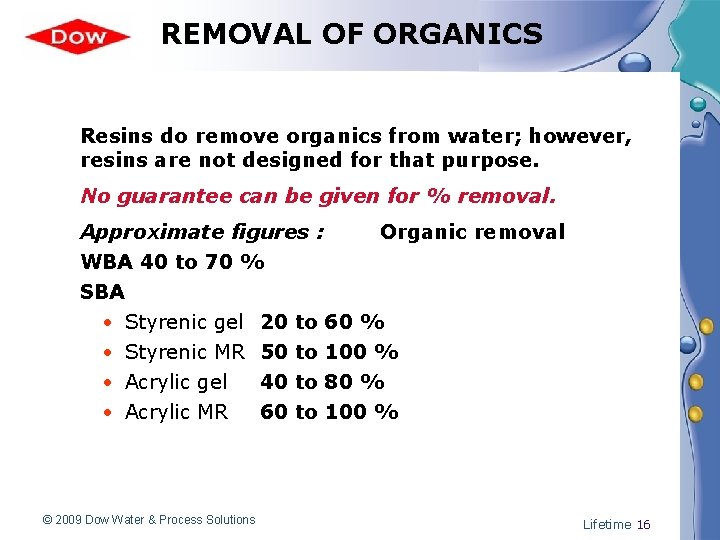 REMOVAL OF ORGANICS Resins do remove organics from water; however, resins are not designed