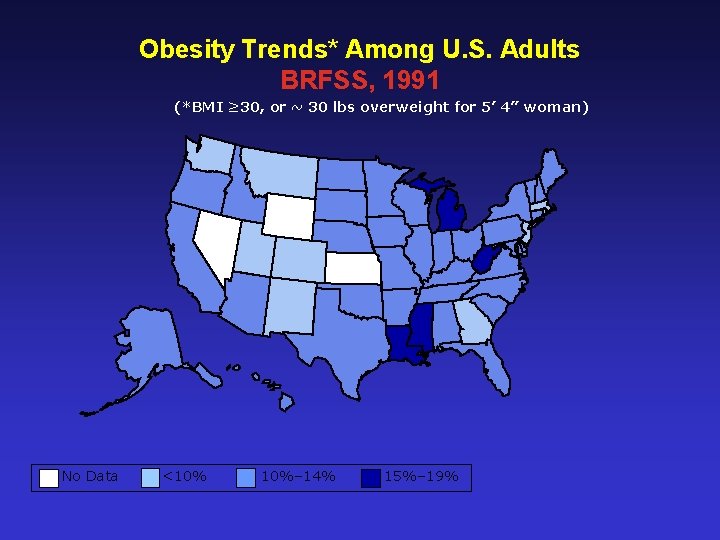 Obesity Trends* Among U. S. Adults BRFSS, 1991 (*BMI ≥ 30, or ~ 30