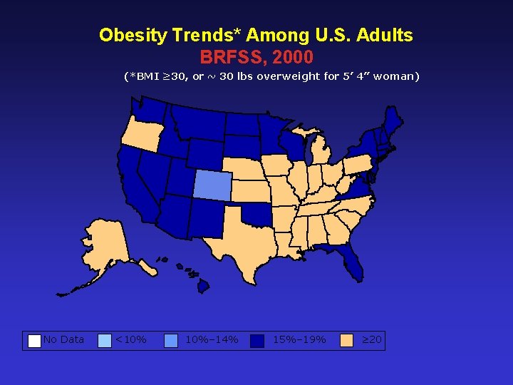 Obesity Trends* Among U. S. Adults BRFSS, 2000 (*BMI ≥ 30, or ~ 30