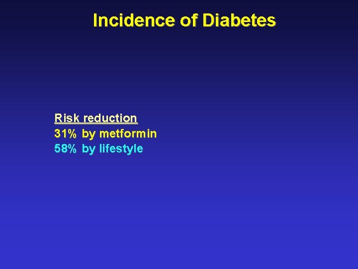 Incidence of Diabetes Risk reduction 31% by metformin 58% by lifestyle 