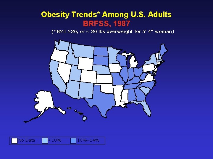 Obesity Trends* Among U. S. Adults BRFSS, 1987 (*BMI ≥ 30, or ~ 30