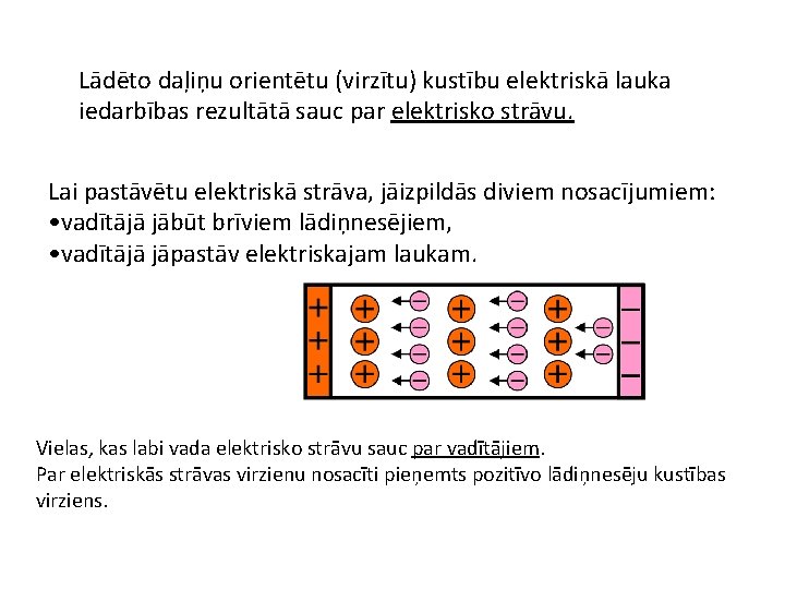 Lādēto daļiņu orientētu (virzītu) kustību elektriskā lauka iedarbības rezultātā sauc par elektrisko strāvu. Lai