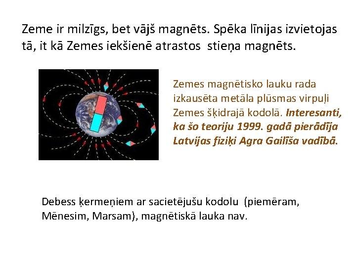 Zeme ir milzīgs, bet vājš magnēts. Spēka līnijas izvietojas tā, it kā Zemes iekšienē