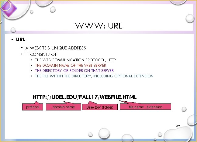 WWW: URL • A WEBSITE’S UNIQUE ADDRESS • IT CONSISTS OF • • THE