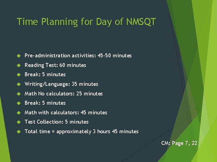 Time Planning for Day of NMSQT Pre-administration activities: 45 -50 minutes Reading Test: 60