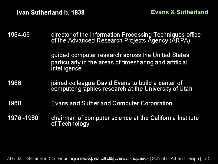 Ivan Sutherland b. 1938 1964 -66 Evans & Sutherland director of the Information Processing Ivan Sutherland b. 1938 1964 -66 Evans & Sutherland director of the Information Processing