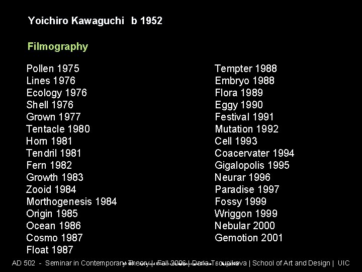 Yoichiro Kawaguchi b 1952 Filmography Pollen 1975 Lines 1976 Ecology 1976 Shell 1976 Grown Yoichiro Kawaguchi b 1952 Filmography Pollen 1975 Lines 1976 Ecology 1976 Shell 1976 Grown