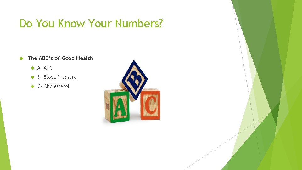Do You Know Your Numbers? The ABC’s of Good Health A- A 1 C