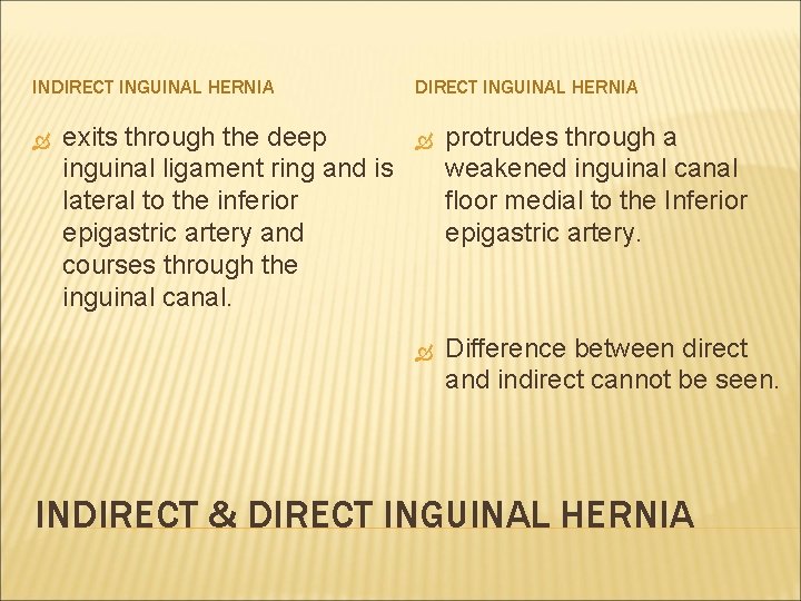 INDIRECT INGUINAL HERNIA exits through the deep inguinal ligament ring and is lateral to