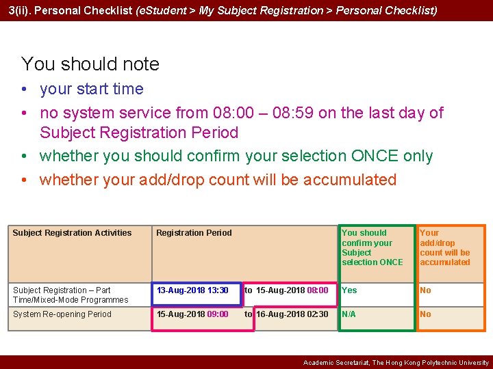 3(ii). Personal Checklist (e. Student > My Subject Registration > Personal Checklist) You should