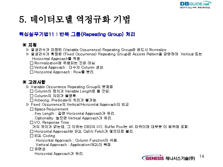 5. 데이터모델 역정규화 기법 핵심실무기법 11 : 반복 그룹(Repeating Group) 처리 ▣ 지침 ▷