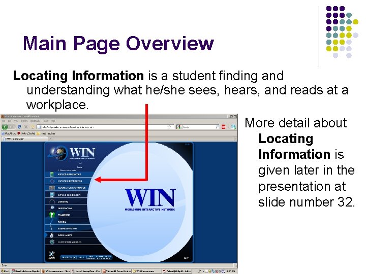 Main Page Overview Locating Information is a student finding and understanding what he/she sees,