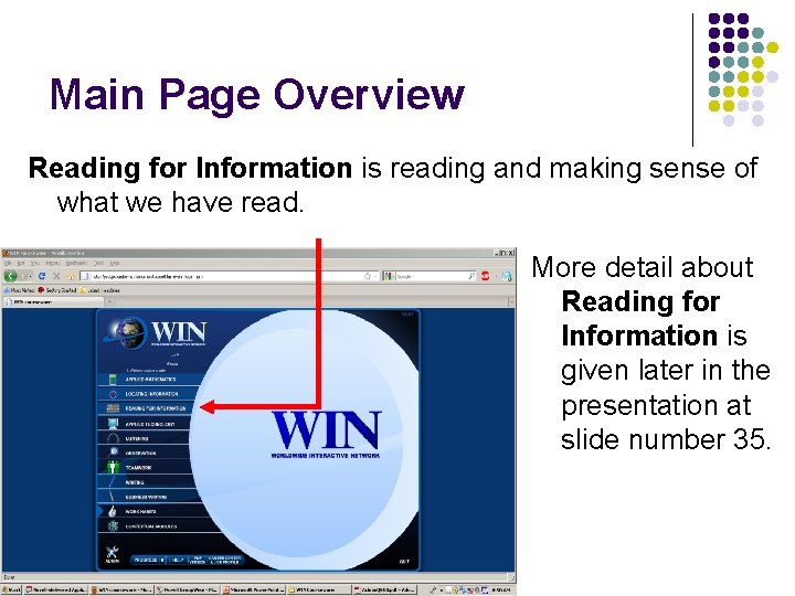 Main Page Overview Reading for Information is reading and making sense of what we