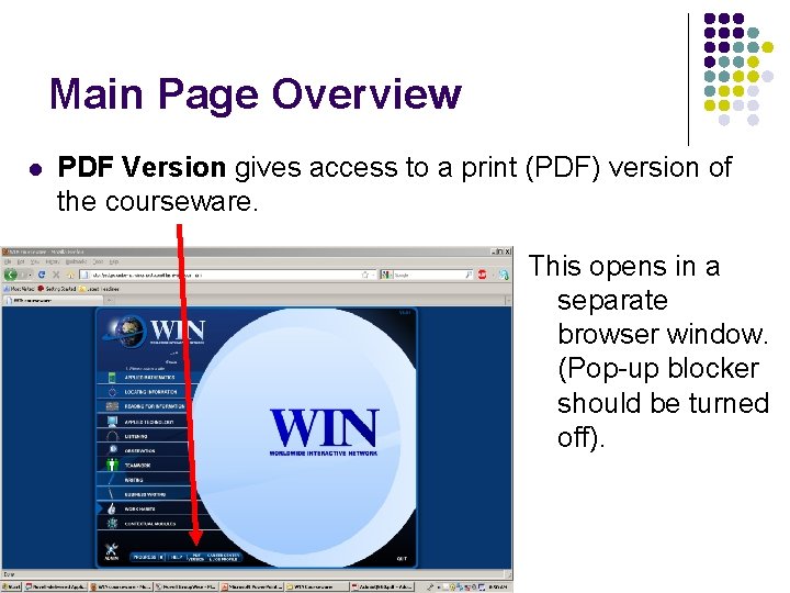 Main Page Overview l PDF Version gives access to a print (PDF) version of