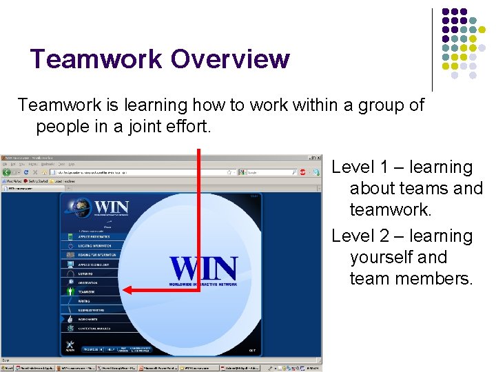 Teamwork Overview Teamwork is learning how to work within a group of people in