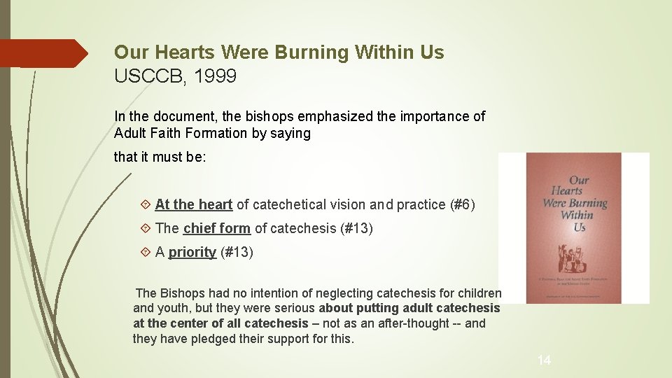 Our Hearts Were Burning Within Us USCCB, 1999 In the document, the bishops emphasized