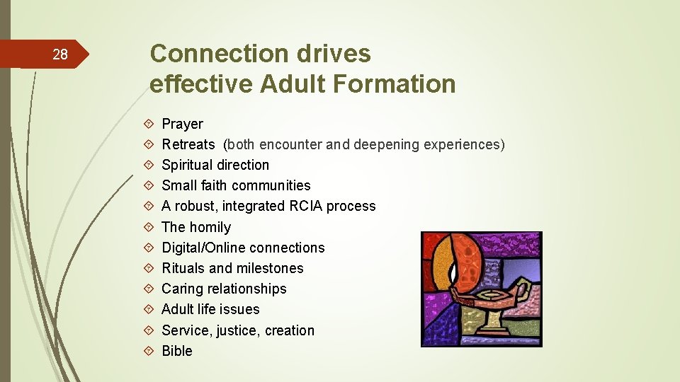 28 Connection drives effective Adult Formation Prayer Retreats (both encounter and deepening experiences) Spiritual